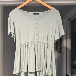 BloomChic V-Neck Button-Down Blouse - Soft Green